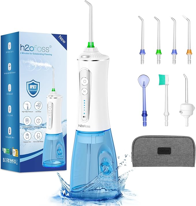 Irrigador Bucal Portatil Profesional，H2ofloss Irrigador Dental con 5 modos y 6 chorros，IPX7 impermeable, recargable por USB y 300 ml Irrigador limpiador Dientes para 30 días de uso en casa/viaje