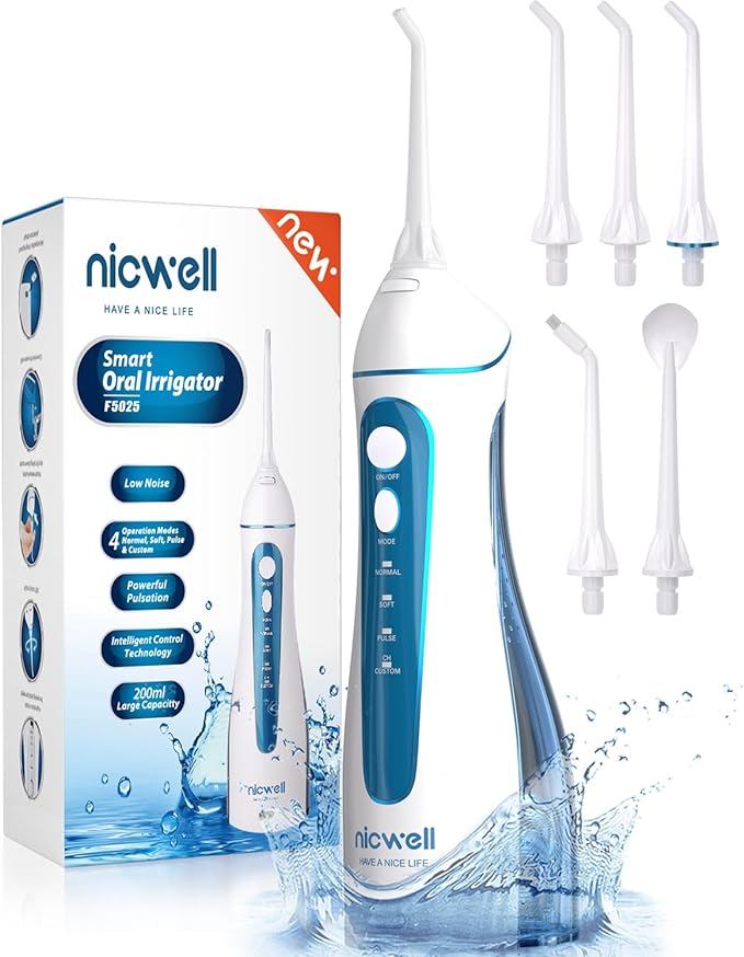 Irrigador Bucal Portatil Profesional - Irrigador Dental con 5 Boquillas 4 Modos, IPX7 Impermeable Limpieza Dientes, Recargable para Limpieza Dental, Irrigadores bucales Electrico Portátil de Viaje