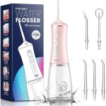 JTF Irrigador Dental Portátil, 300ML Irrigador Bucal Inalámbrico Profesional 4 Modos, 5 Boquillas, USB Recargable Para Limpieza de Dientes, IPX7 Impermeable Para el Hogar y los Viajes, Rosa