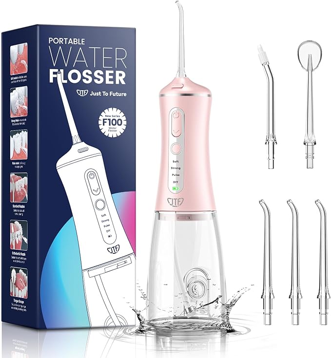 JTF Irrigador Dental Portátil, 300ML Irrigador Bucal Inalámbrico Profesional 4 Modos, 5 Boquillas, USB Recargable Para Limpieza de Dientes, IPX7 Impermeable Para el Hogar y los Viajes, Rosa