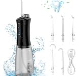 Pancellent Irrigador Bucal Portatil,Hilo Dental Recargable,12 Engranajes,Chorro de Agua Para Aparatos Dentales con Tanque de Agua de 350 ml y 5 Puntas de Chorro Para Viajes y Uso Doméstico (Negro)