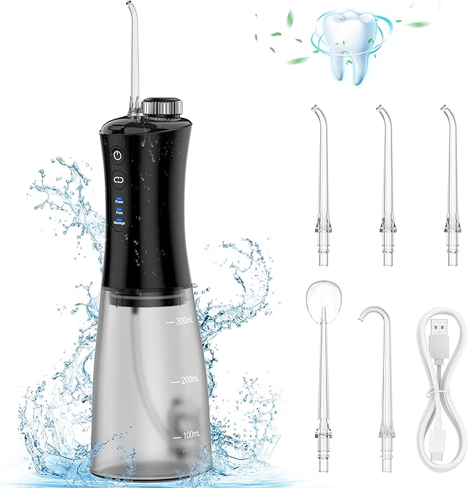 Pancellent Irrigador Bucal Portatil,Hilo Dental Recargable,12 Engranajes,Chorro de Agua Para Aparatos Dentales con Tanque de Agua de 350 ml y 5 Puntas de Chorro Para Viajes y Uso Doméstico (Negro)