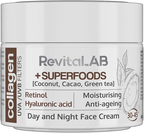 RevitaLAB Day and Night Collagen Anti-Aging Moisturiser Enriched with Hyaluronic Acid, Superfoods, Vitamins and a UVA/UVB Filter for Ages 30 – 45, 50 ml