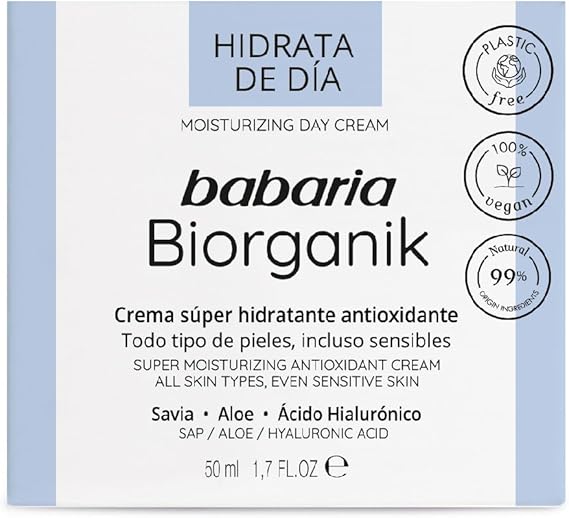 Babaria - Crema de dia Biorganik 50 ml | Crema hidratante facial | Crema Facial Mujeres y Hombres | Antiarrugas y Antioxidante | Vegana y Plastic Free | Textura Ligera | Ingredientes Naturales