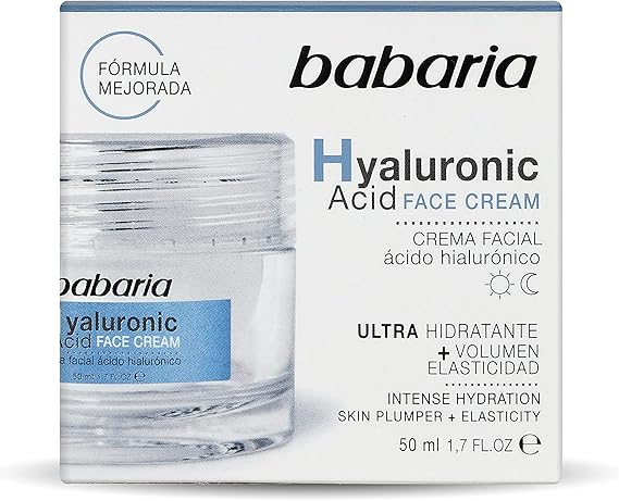 Babaria - Crema Facial Ácido Hialurónico con Acción Ultra Hidratante y Filtro Solar, Disminuye la Flacidez del Rostro, Apto para Todo Tipo de Pieles - 50 ml