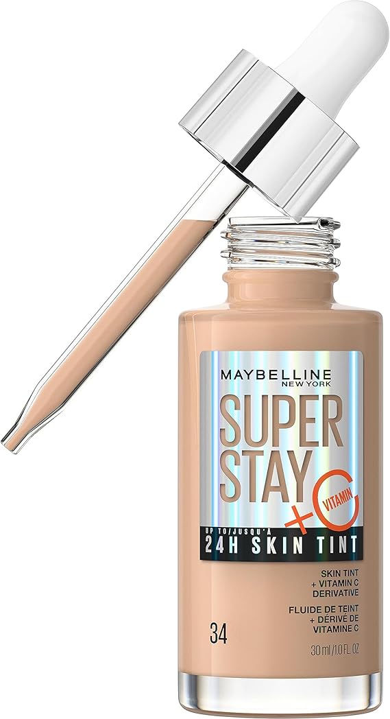 Maybelline New York,Base de maquillaje enriquecida con Vitamina C, Hasta 24H, Acabado luminoso, Superstay Skin Tint, Tono 34