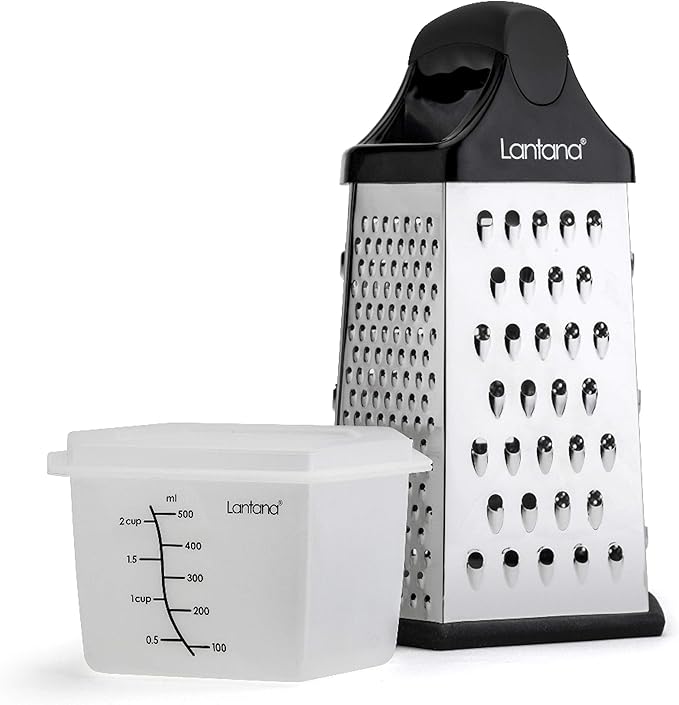 Lantana - Rallador manual con 6 caras y contenedor para alimentos - Para rallado grueso, mediano, fino, ultrafino y raspado - Con función mandolina - Con recipiente medidor y tapa