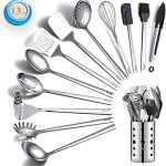 Berglander Juego de Utensilios de Cocina de Acero Inoxidable, 13 cucharas de Cocina con Soporte para Utensilios, Antiadherente y Resistente al Calor, Apto para lavavajillas (13 Paquetes)