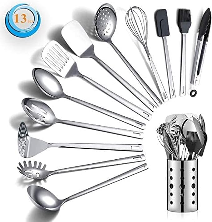 Berglander Juego de Utensilios de Cocina de Acero Inoxidable, 13 cucharas de Cocina con Soporte para Utensilios, Antiadherente y Resistente al Calor, Apto para lavavajillas (13 Paquetes)