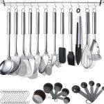 Berglander Juego de utensilios de cocina de 38 piezas de acero inoxidable, utensilios de cocina con soporte para utensilios y ganchos para colgar aptos para lavavajillas