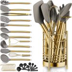 Berglander Juego de utensilios de cocina dorados de silicona antiadherente de 38 piezas, juego de cucharas y espátulas con resistente soporte para utensilios de acero inoxidable