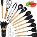 Utensilios Cocina de Silicona, hicoosee 22 Piezas Juego Utensilios de Cocina de Silicona con Mango de Madera para Utensilios, Sin BPA Resistentes al Calor y Antiadherentes con 10 S Ganchos, Negro