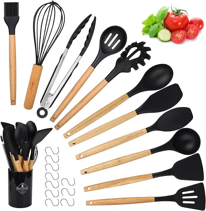 Utensilios Cocina de Silicona, hicoosee 22 Piezas Juego Utensilios de Cocina de Silicona con Mango de Madera para Utensilios, Sin BPA Resistentes al Calor y Antiadherentes con 10 S Ganchos, Negro