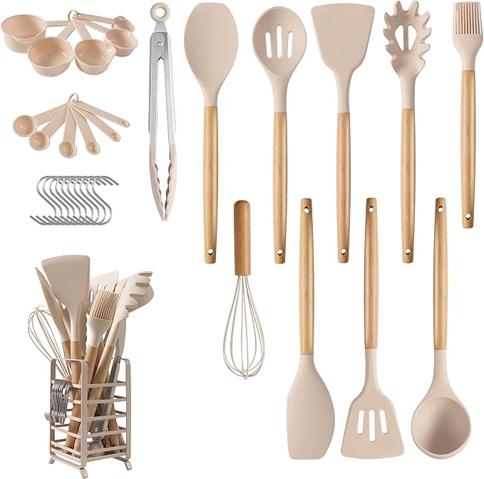 hecef Utensilios de Cocina de Silicona, 32 Piezas Utensilios de Cocina con Soporte de Acero Inoxidable, Set Utensilios de Cocina con Mango de Madera, Resistentes al Calor (Caqui)