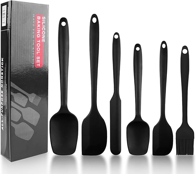 Magrimaxio 6 Piezas Espatulas Silicona Cocina Juego de Negro, Lengua Silicona de No Tóxico Antiadherente Antirrayas, Cuchara Resistente al Calor 230ºC, Utensilios para Cocinar Hornear Mezclar