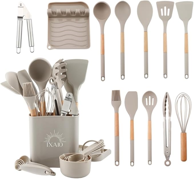 Juego de Utensilios de Cocina de Silicona - IXA10-26 Accesorios Set de Cocina para Hogar con Bote para Utensilios de Cocina, Kit Cocina Perfecto para tus Preparaciones en Casa, Resistente al Calor.