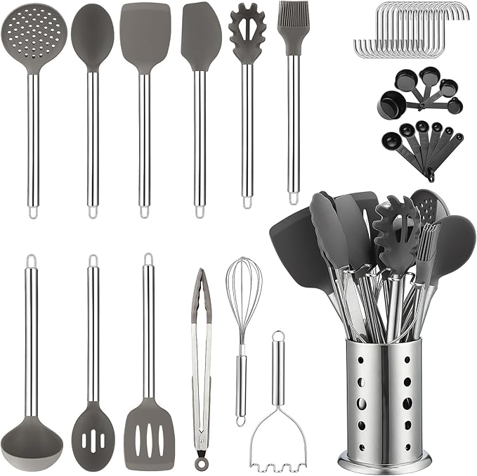 Juego de Utensilios de Cocina, Kyraton Juego de 38 Utensilios de Cocina de Silicona Antiadherente, Juego de Cucharas y Espátulas con Soporte de Acero Inoxidable, Apto para Lavavajillas