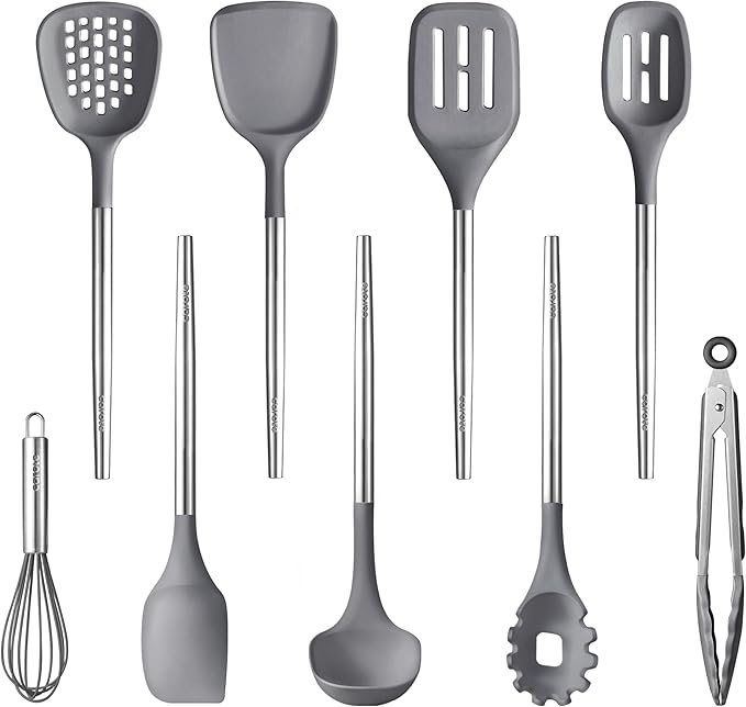 CAROTE Utensilios de Cocina de Silicona, Juego de Utensilios de Cocina Antiadherentes con Mango de Acero Inoxidable para Utensilios Accesorios Cocina, sin BPA, Apto para lavavajillas, 9 Piezas