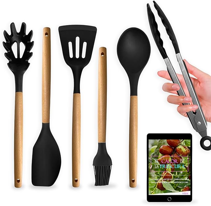 Set de utensilios de cocina de silicona | accesorios de cocina de silicona con mango de madera | gadgets para tu hogar | incluye ebook con recetas españolas