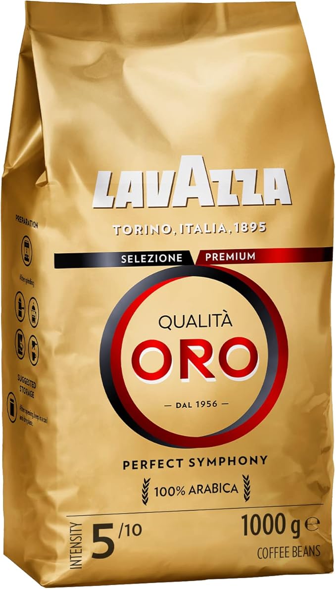 Lavazza, Qualità Oro, Café en Grano Natural, Ideal para la Máquina de Café Espresso, con Notas Aromáticas de Frutas y Flores, 100% Arábica, Intensidad 5, Tueste Medio, Paquete de 1 kg