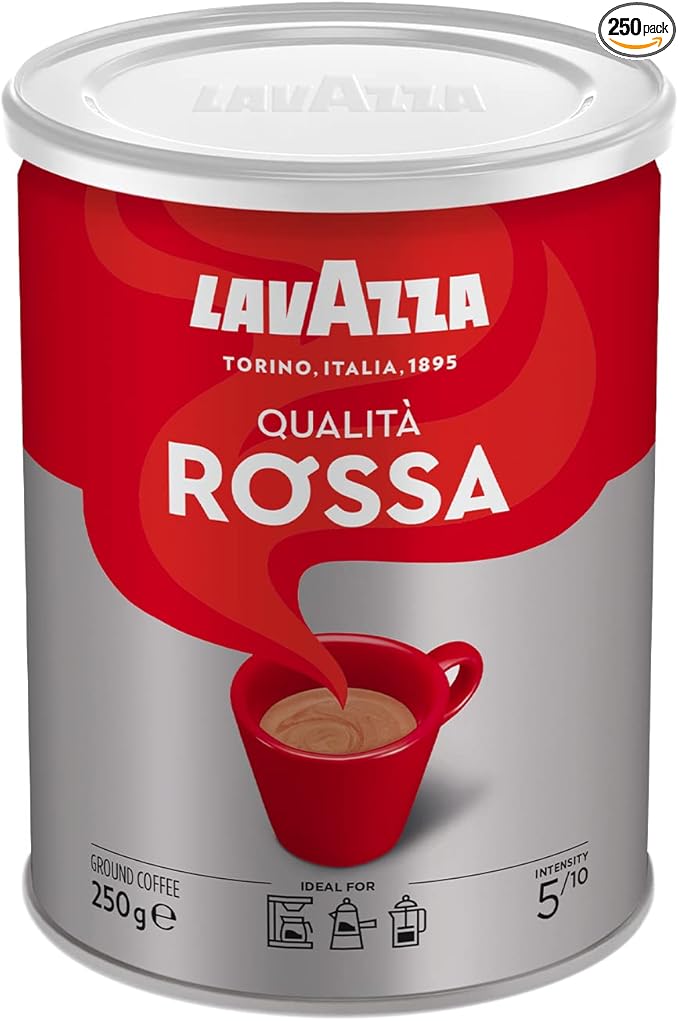 Lavazza, Qualità Rossa, Café Molido Natural, Ideal para Cafetera Italiana, de Filtro y Francesa, con Notas Aromáticas de Chocolate, Arábica y Robusta, Intensidad 5, Tueste Medio, Lata de 250 g