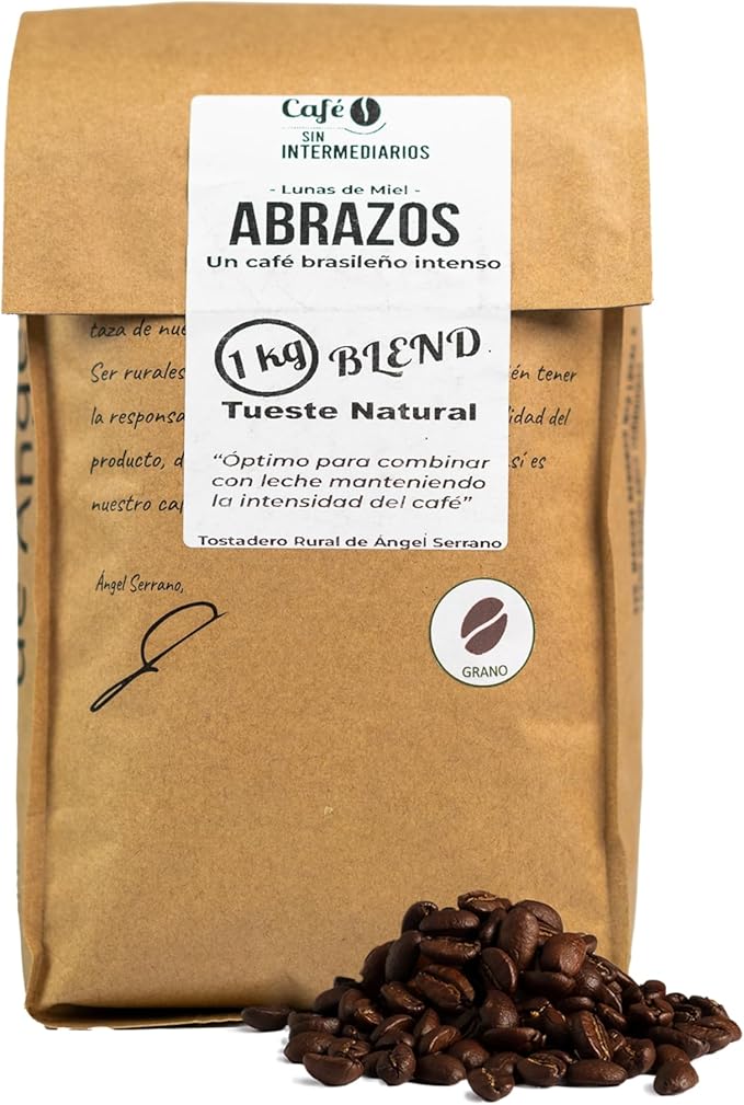 CAFE SIN INTERMEDIARIOS - Café Brasil - Abrazos En Grano sin moler 1 Kg - Tostado semanal y recién envasado - Intensidad de sabor medio - Ideal para Café cortado o Capuchino