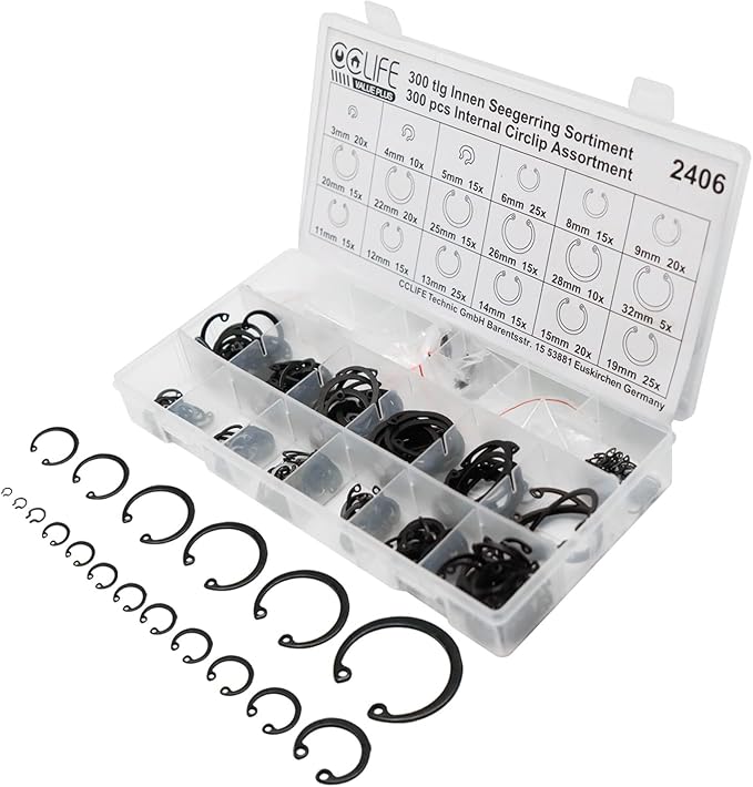 CCLIFE 300pcs Anillos de Seguridad Exteriores, 18 tamaños, Ø 3-32mm, Anillos Circlip Taller y Anillos de bricolaje