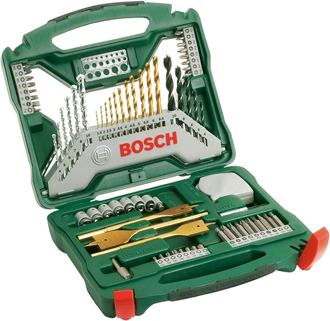 Bosch 70 uds. Set de brocas y puntas de atornillar X-Line de titanio (para madera, mampostería y metal, incluye cinta métrica y brocas fresadoras planas, accesorios para taladro y destornillador)