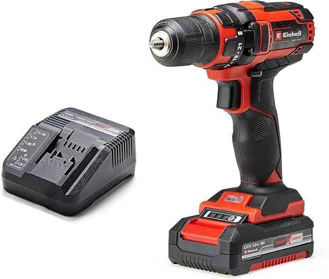 Einhell Taladro-destornillador inalámbrico TC-CD 18/35 Li Power X-Change (Li-Ion, 18V, 550 rpm, incl. 1 batería PXC de 1,5Ah sin autodescarga, cargador y Caja de almacenamiento)