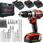 TEENO Taladro atornillador inalámbrico 2 x 2.0Ah baterías, destornillador desatornillador 45Nm Taladro percusión, 69 accesorios,2 Velocidad, LED Luz Para Hogar, Bricolaje