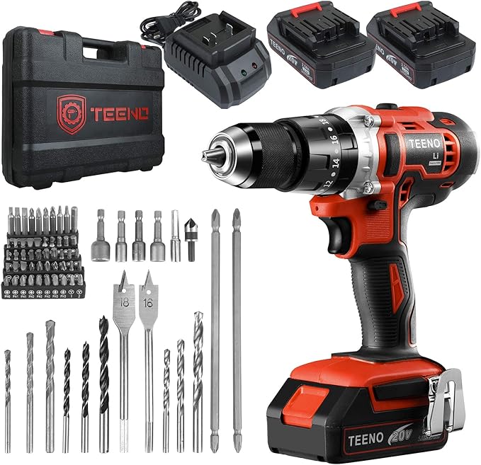 TEENO Taladro atornillador inalámbrico 2 x 2.0Ah baterías, destornillador desatornillador 45Nm Taladro percusión, 69 accesorios,2 Velocidad, LED Luz Para Hogar, Bricolaje