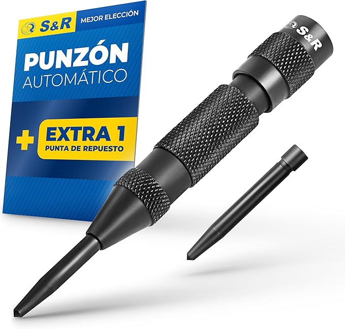 S&R Punzón automático - 50-100 N - 130 mm + 1 punta de repuesto - Acero al Cromo Vanadio HRC 55-58 - moldeado, resistente y duradero