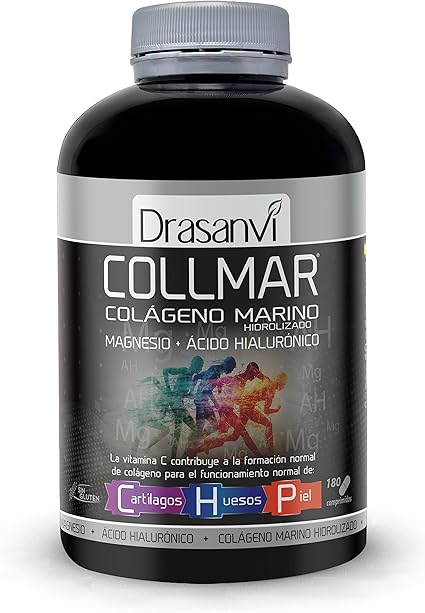 Drasanvi COLLMAR Colágeno Marino Hidrolizado con Ácido Hialurónico, Magnesio, Vitamina C natural | para cartílagos, huesos y piel | Alta dosis 3.900 mg/día | 180 comp = 30 días | Sabor vainilla