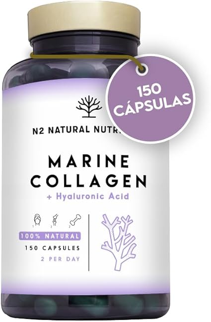 Colageno con Magnesio y Acido Hialuronico. Vitamina C. 150 Cápsulas Suministro 75 días. Alta Concentración. Cuidado de Articulaciones, Piel y Huesos. Colágeno Marino PEPTAN. CE.N2 Natural Nutrition