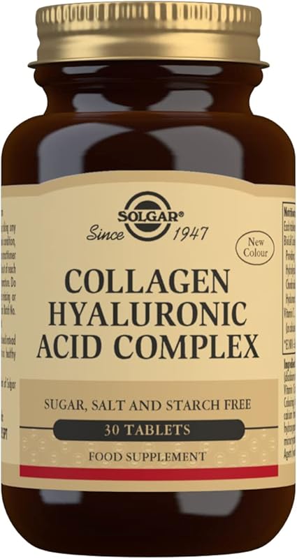 SOLGAR Ácido Hialurónico Complex con Colágeno y Vitamina C– Prevención del envejecimiento – Cuidado de la piel – Reparación de la piel apagada y deshidratada – 30 Comprimidos