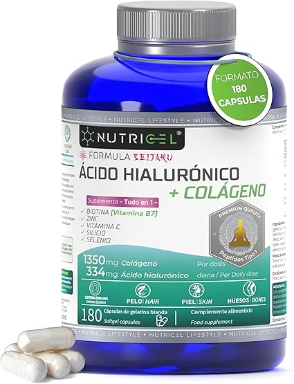 Colágeno + Ácido hialurónico + Vitamina C natural + Biotina + Zinc + Selenio + Extracto de bambú -Para la piel, articulaciones, los huesos y el cabello, colageno hidrolizado - 180 cápsulas (3 meses)