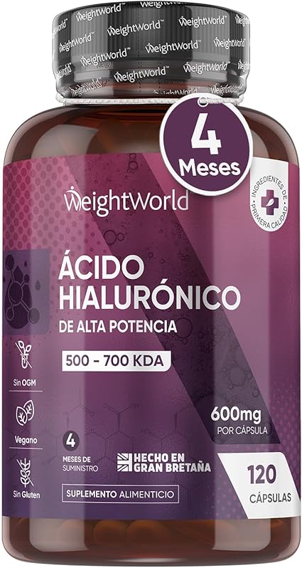 Ácido Hialurónico 600mg de Concentración 120 Cápsulas Veganas - Alta Potencia de 500-700 KDA por Porción, Natural, Sin OGM, Sin Químicos, Sin Gluten, Sin Lactosa para 4 Meses de Suministro