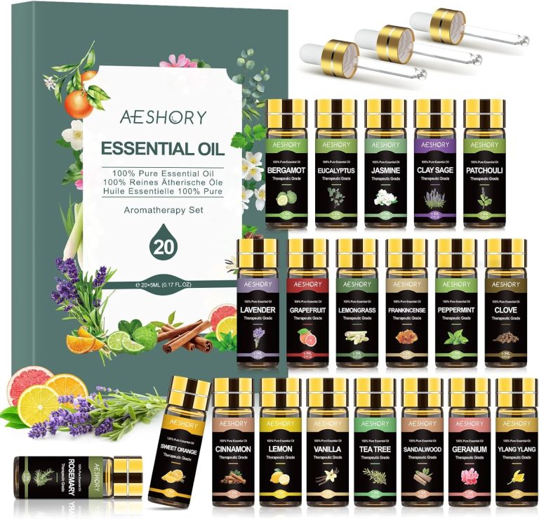 AESHORY Aceites Esenciales para Humidificador 20 x 5ML, 100% Natural Aromaterapia Aceite Aromático para Difusor, Masaje - Lavanda, Árbol de Té, Pachulí, Limón, Eucalipto, Sándalo, Incienso, Jazmín