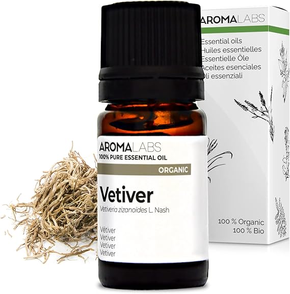 BIO - Aceite Esencial VETIVER - 5mL - 100% Puro, Natural, Quimiotipado y Certificado AB/Cosmos Certified - AROMA LABS (Marca Francesa)