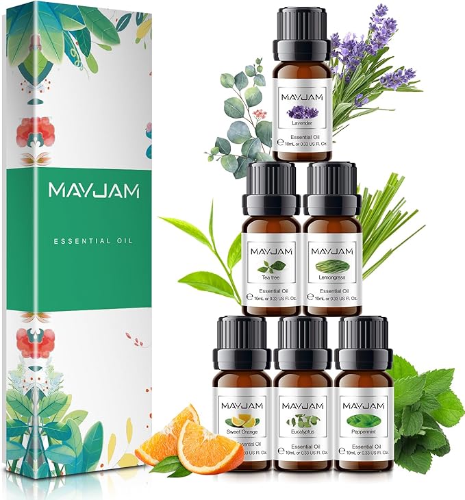 MAYJAM Aceites Esenciales Aromaterapia 6 x 10ml, Aceites Esenciales Naturales Puros para Humidificador Difusor, Aceite Esencial Bio de Eucalipto, Menta, Citronela, Tee Tree, Lavanda, Naranja Dulce