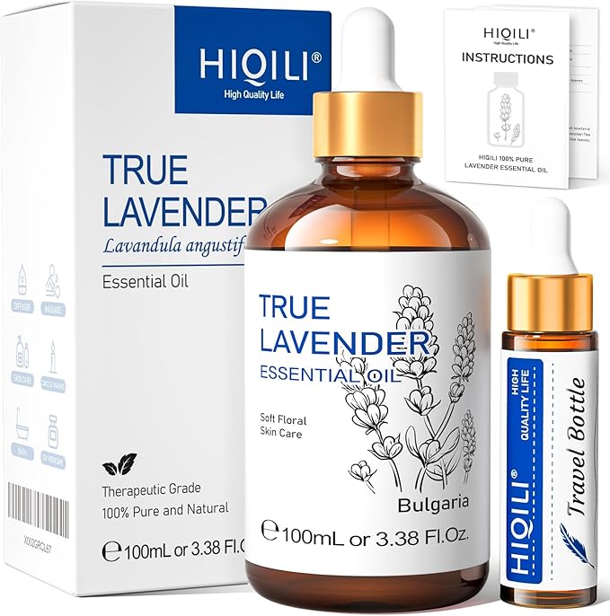 HIQILI Aceite Esencial Lavanda 100ML, 100% Natural, Aceite de Aromaterapia para Rostro, Velas, Difusor, Piel y Cabello - 3.38 Fl Oz