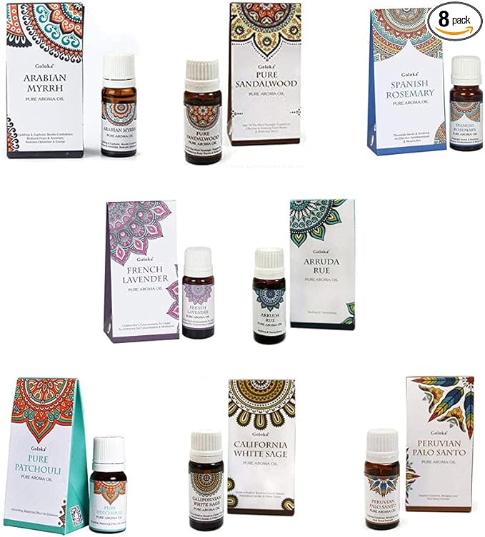 Pack 8 esencias Goloka - Lavanda, Mirra, Sandalo, Romero, Salvia Blanca, Palo Santo, Ruda y Patchouli