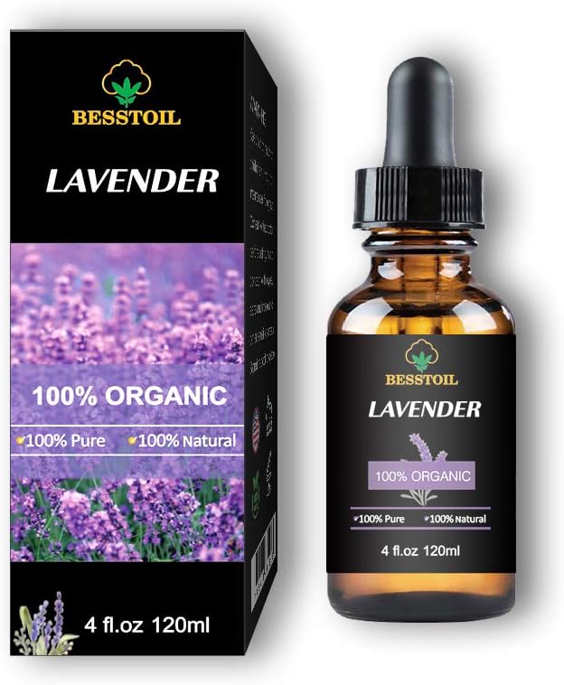 Aceite Esencial de Lavanda Orgánica - 100% Puro, Natural, Sin OGM, Grado Terapéutico para Difusor de Aromaterapia - Cuentagotas de Vidrio Premium (120ml)