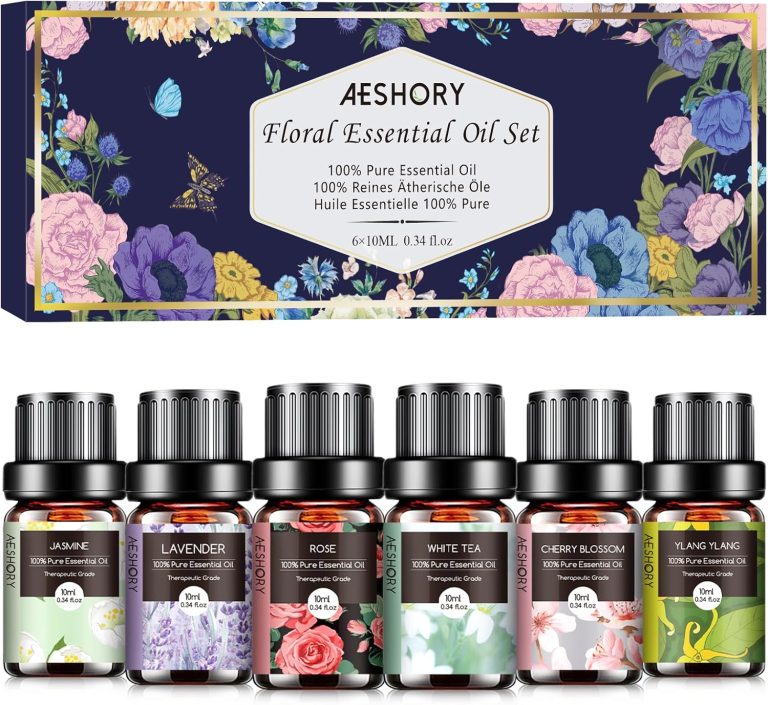 AESHORY Floral Aceites Esenciales para Humidificador 6 X 10ML, 100% Natural Set de Aceite Esencial Aromaterapia para Difusor, Masaje - Flor de Cerezo, Jazmín, Lavanda, Rosa, Té Blanco, Ylang Ylang