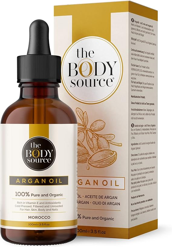 The Body Source Aceite de Argan de Marruecos 100% Orgánico, Rico en Vitamina E y Antioxidantes, Puro Aceite Hidratante para el Cabello, Cuerpo, Cara y Uñas (100ml)