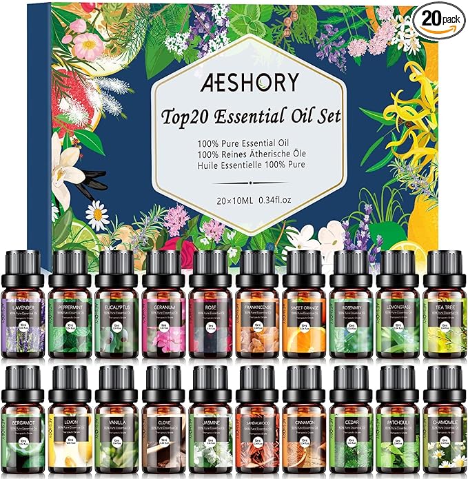 AESHORY Aceites Esenciales Aromáticos para Humidificador 20 X 10ml, 100% Naturales para Aromaterapia, Difusor Aroma, SPA, Masajes - Lavanda, Menta, Eucalipto, Romero, Jazmín, Limón, Rosa