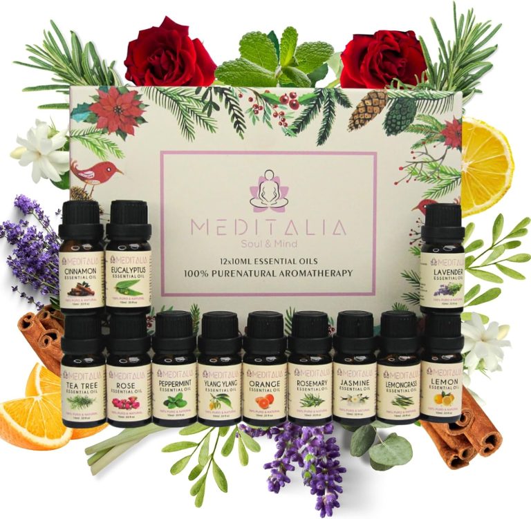 Juego de Aceites Esenciales 12x10ml - 100% NATURALES - MEDITALIA - Lavanda, Jazmin, Limón, Lemongrass, Árbol de Té, Rosa, Naranja, Eucalipto, Menta Piperita, Canela - Set regalo