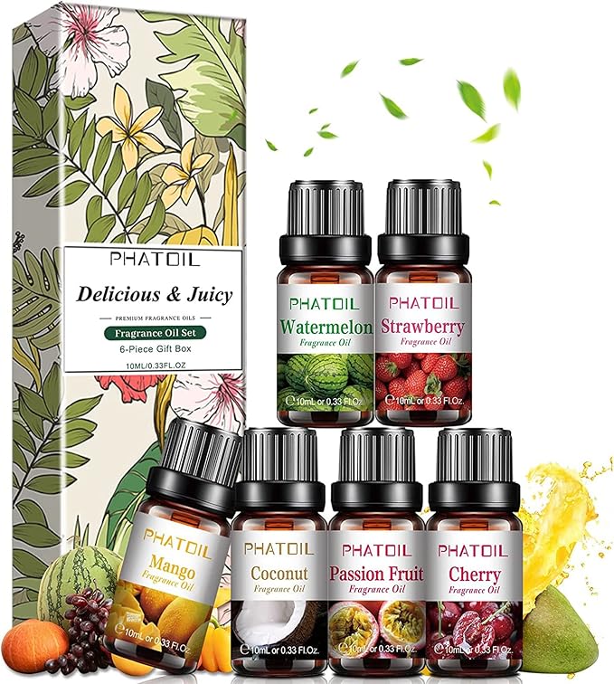 PHATOIL Set de Aceites Esenciales Frutas 6 x 10ml, Aceites Esenciales para Humidificador Difusor, Juegos de Aceites Esenciales Aromaterapia Mango, Maracuyá, Fresa, Sandía, Cereza, Coco