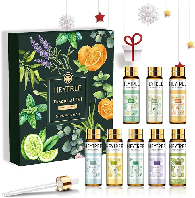 HEYTREE Aceites Esenciales Set 8 x 10ml, Aceites Puros de Aromaterapia Natural - Lavanda, Eucalipto, Árbol de Té, Vainilla, Menta, Hierba de Limón, Bergamota, Naranja