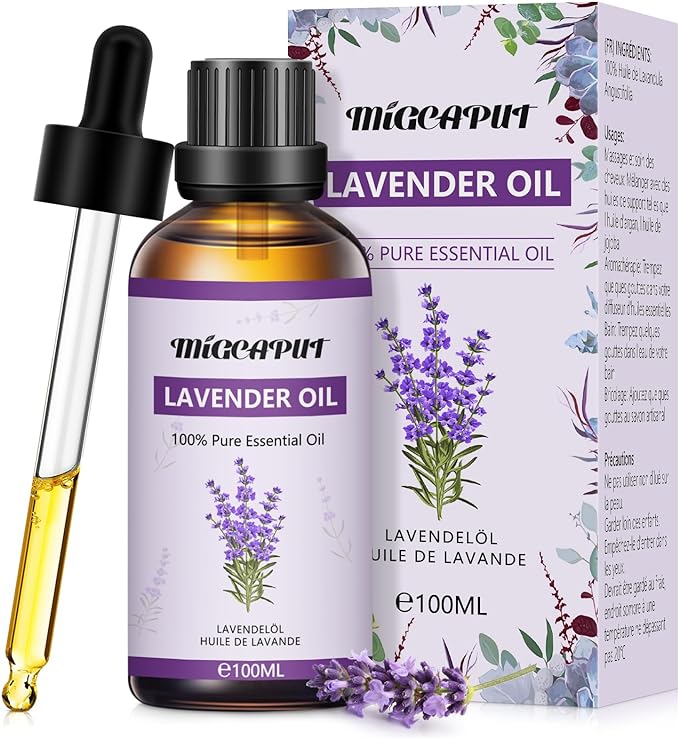 MIGCAPUT Aceite Esencial de Lavanda 100ML, 100% Puro Natural Aceites Esenciales de Aromaterapia de Grado Terapéutico para Cuidado de la Piel, Anti Acné, Dormir Mejor, Humidificador